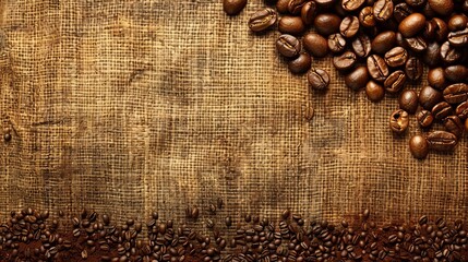 A brown background with coffee beans scattered on it. Concept of warmth and comfort, as the coffee beans are a common symbol of relaxation and enjoyment