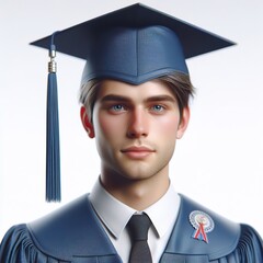 A photorealistic image of an American graduate wearing a blue cap and gown white background
