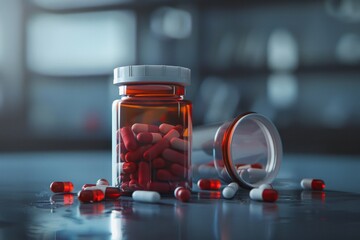 Transparent orange pill bottle with white and red capsules on a reflective table, highlighting modern pharmaceuticals.
 - obrazy, fototapety, plakaty