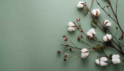 Cotton flowers and plant twig on green background - obrazy, fototapety, plakaty