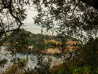 Aearial view from Punta Manara on the Bay of Silence in Sestri Levante (Baia del Silenzio). Viewpoint along coastal hiking trail Via dell'Amore (Path of Love) in Cinque Terre, Liguria, Italy, Europe
