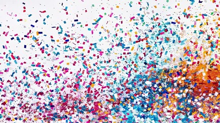 Fototapeta premium A colorful explosion of confetti is scattered across a white background. The confetti is in various colors and sizes, creating a vibrant and lively atmosphere. Concept of celebration and joy