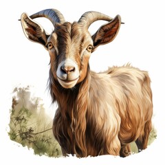 A cute cartoon goat with brown fur and black horns.