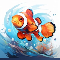 A cute clownfish with a big smile on its face is swimming in the ocean. The water is a deep blue color and there are lots of bubbles.