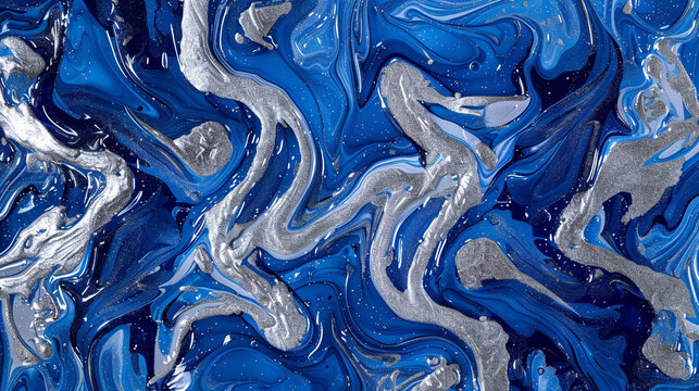 Marble-Like Luxurious Surface in Royal Blue and Silver Alcohol Ink Swirls, Ultra HD.