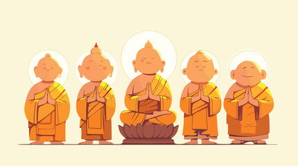 Buddhist monks praying to Buddha statue in holy rel - obrazy, fototapety, plakaty