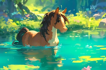 cute cartoon horse in river water