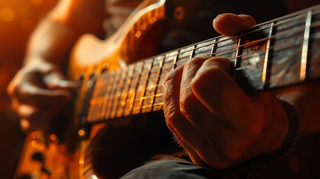 Close-up of a guitarist's fingers sliding on the fretboard, intensity of a live rock concert