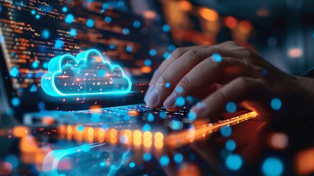 Close-up of a network engineer configuring cloud infrastructure, hands typing on a glowing keyboard