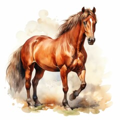 A watercolor painting of a brown horse with a long flowing mane and tail. The horse is standing on a grassy field with a white background.