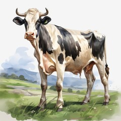 A watercolor painting of a cow standing in a green field, looking at the viewer with a curious expression.