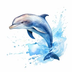 A watercolor painting of a dolphin jumping out of the water wave, blue, future