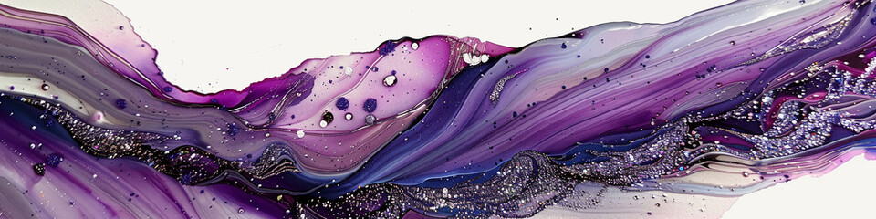Luminous amethyst marble ink flows gracefully over a captivating abstract landscape, twinkling with radiant glitters.