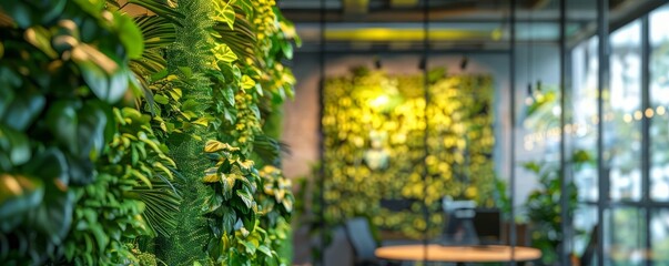 The interior of a modern office with a green wall