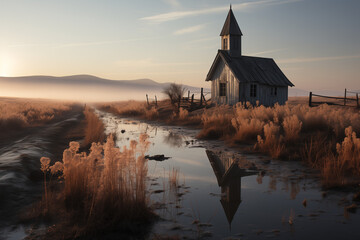 Une petite église blanche au milieu d’un champ ouvert avec des nuages ​​sombres au-dessus. En automne, un chemin de terre y mène. La scène a une atmosphère nostalgique et intemporelle. - Powered by Adobe