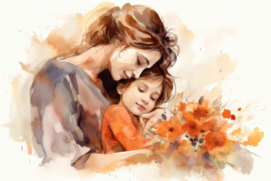 A watercolor painting of a mother and her daughter.