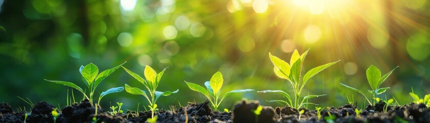 Tiny green plants growing in the dirt with a bright light in the background - obrazy, fototapety, plakaty