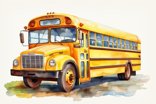A watercolor painting of a yellow school bus. teach, laughter, driver