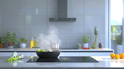  An innovative smart kitchen stove  voice command activation, and real-time cooking guidance, offering convenience and efficiency for culinary enthusiasts in the modern kitchen. - obrazy, fototapety, plakaty
