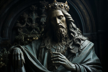 A statue of Jesus with a crown and chalice, looking at the camera in a front view, in the baroque style, with religious symbolism and iconography. The statue is made from marble stone and the photo wa - obrazy, fototapety, plakaty
