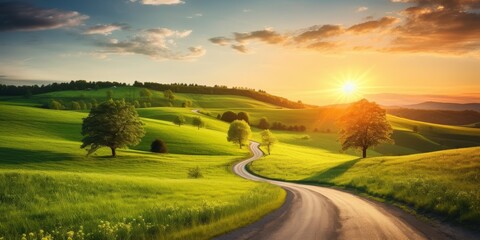 Highway landscape at colorful sunset in summer. Mountain road landscape at dusk. Beautiful nature scenery in green mountains. Travel landscape for summer vacation on highway. High quality photo - obrazy, fototapety, plakaty