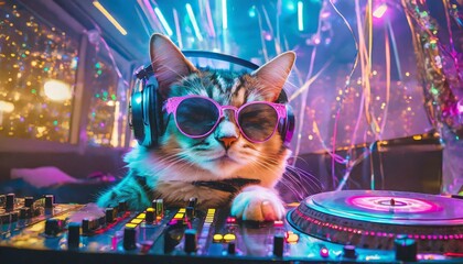 パーティ会場でDJをする猫