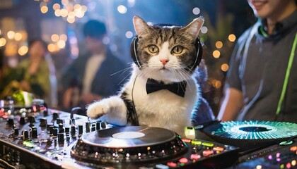 パーティ会場でDJをする猫