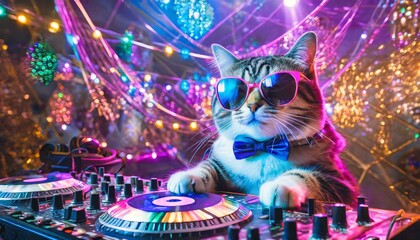 パーティ会場でDJをする猫