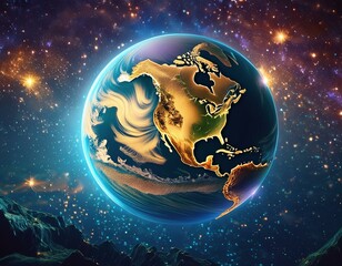 Fototapeta premium Nightly planet Earth in dark outer space. Civilization. 