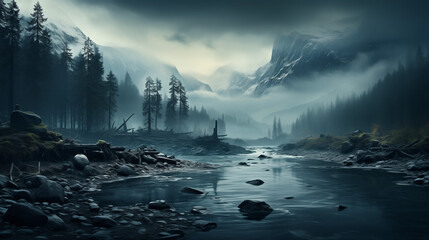 Un paysage forestier sombre et brumeux avec de grands arbres, des montagnes en arrière-plan et un...