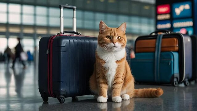 Cute cat, suitcase at the airport