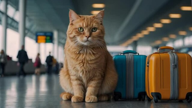 Cute cat, suitcase at the airport