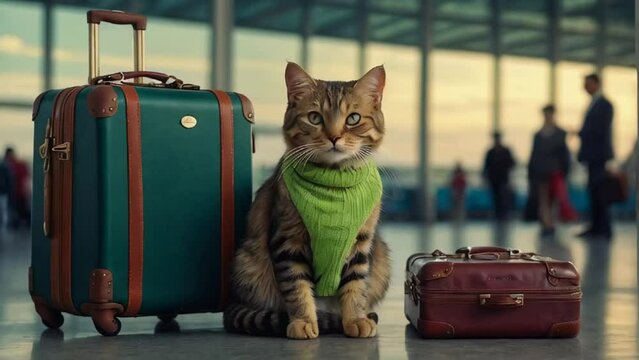 Cute cat, suitcase at the airport