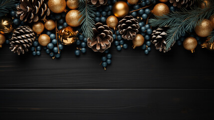Fond en bois de Noël avec décorations dorées et pommes de pin sur les bords, vue de dessus. Les branches d'arbres de Noël bordent une table en bois sombre en gros plan.