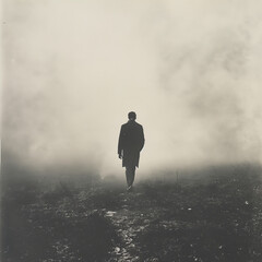 One man walking along the way with the smog, grass, forest, back side view - obrazy, fototapety, plakaty