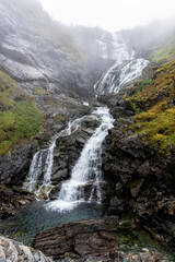 Amazing Kjosfossen waterfall in Flam, Norway, from the Flam railway