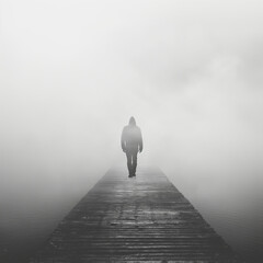 A man walking along the way with the smog, back side view - obrazy, fototapety, plakaty