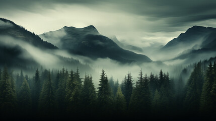 Un paysage forestier sombre et brumeux avec de grands arbres, des montagnes en arrière-plan et un clair de lune brillant à travers les nuages