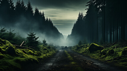Un paysage forestier sombre et brumeux avec de grands arbres, des montagnes en arrière-plan et un clair de lune brillant à travers les nuages - obrazy, fototapety, plakaty