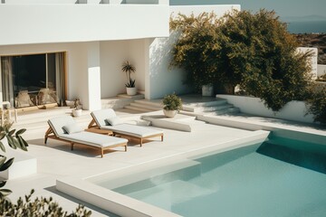Santorini style architecture with armchairs plant door and swimming pool.3d rendering - obrazy, fototapety, plakaty