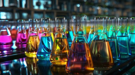In this laboratory test scene with tubes and flasks on the periodic table of elements, every element is carefully curated to evoke a sense of wonder and curiosity, inviting viewers to embark on a jour
