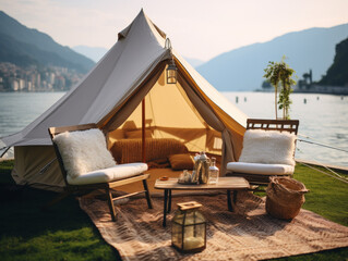 Outdoor tent with lake and mountains illustration