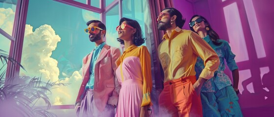 Fototapeta premium Youthful Elegance: Semi-Nerdy Indian Team in Colorful Attire by Window with Clouds generative ai