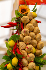 decoration of hot spices with peppers and onions