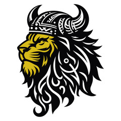 Embrace Norse mythology with this bold Viking lion silhouette vector. Blending a fierce lion with Viking motifs, this artwork epitomizes strength and regality in a minimalistic design.