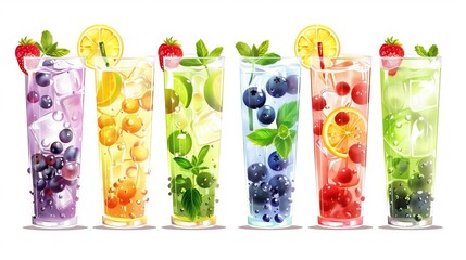 Picture a delightful set of colorful summer drinks, each one bursting with flavor and refreshment. From classic favorites like Mojito and lemonade to creative concoctions featuring berries 