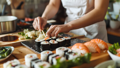 Obraz na płótnie Canvas Woman preparing sushi rolls at table