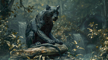 Black panther looking in angry mode. black panther looking angry style. black angry panther close up view. - obrazy, fototapety, plakaty