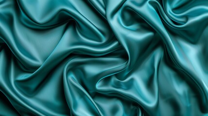 Fototapeta premium From a flat lay perspective, the teal green silk satin cascades gracefully across a tabletop, creating a visual feast for the senses. Its rich color captivates the eye, while the smoothness of the fab