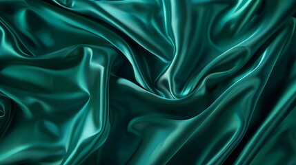 Obraz premium From a flat lay perspective, the teal green silk satin cascades gracefully across a tabletop, creating a visual feast for the senses. Its rich color captivates the eye, while the smoothness of the fab